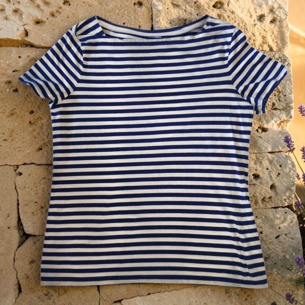 Talbots Shirt Women's LARGE Top White Blue Stripe stretch boat neck nautical